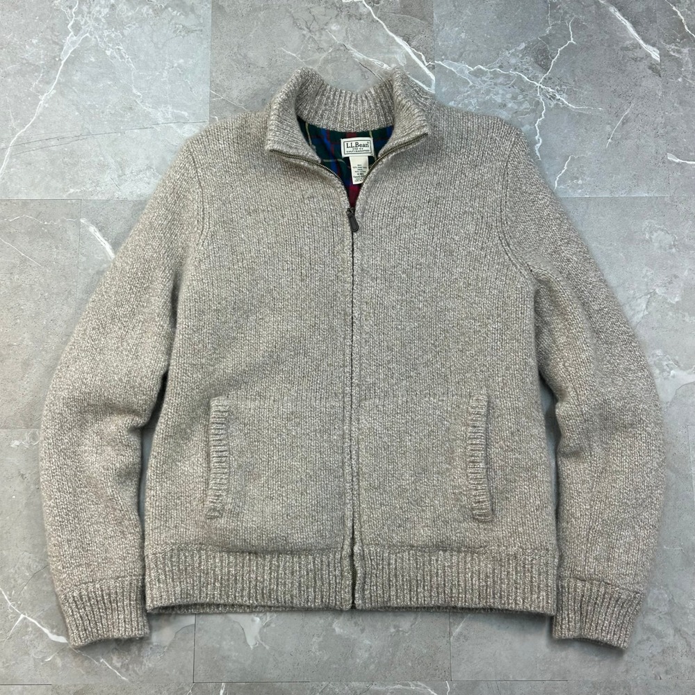 LL Bean Lambs Wool Sweater Mens Medium Flannel Lined Mock Neck Full Zip Up Beige